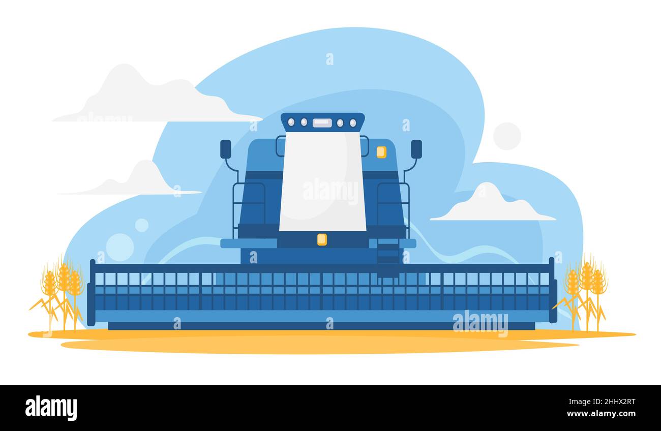 Moissonneuse-batteuse agricole en cours de récolte, illustration vectorielle de la culture agricole rurale.Moissonneuse agricole de dessin animé, récolte ce Illustration de Vecteur