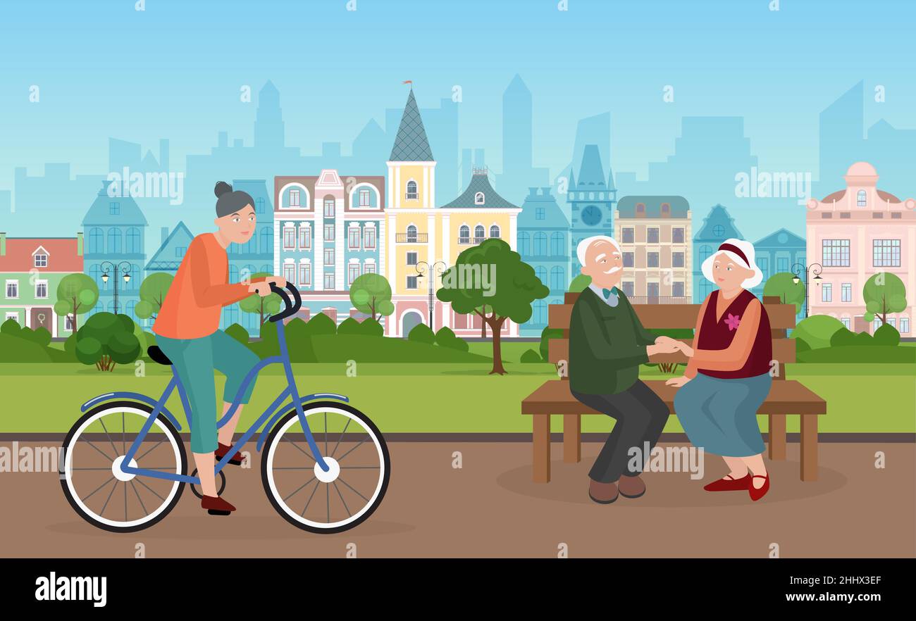 Les gens passent du temps dans l'illustration vectorielle du parc de la ville. Cartoon paysage urbain avec des personnages de couple âgés assis sur le banc ensemble, tenant les mains, femme c Illustration de Vecteur