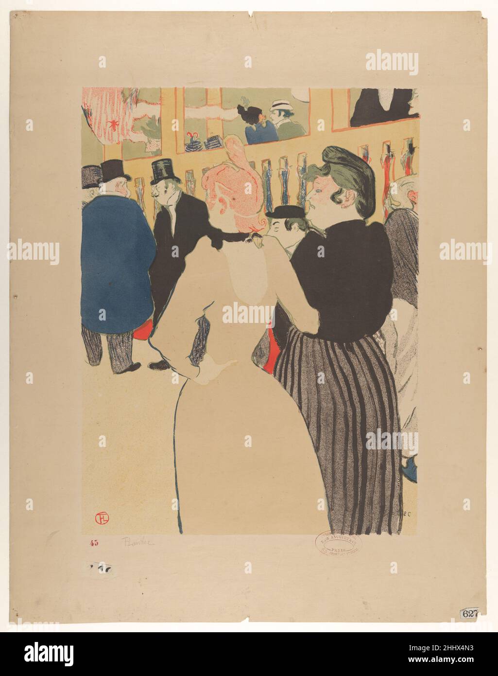 Au Moulin Rouge: La Goulue et sa sœur 1892 Henri de Toulouse-Lautrec français Lautrec étudièrent les visages de nuit des réguliers dancehall, puis les décrivaient comme le portraitiste japonais Toshusai Sharaku, avec les grimaces lurés et le maquillage théâtral des acteurs kabuki.Au Moulin Rouge : la Goulue et sa sœur 334065 Banque D'Images