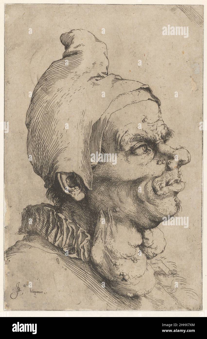 Grande grotesque tête ca.1622 Jusepe de Ribera (appelé Lo Spagnoletto) Espagnol célèbre pour son traitement des sujets grotesques dans la peinture, Ribera a apporté cette vision à son œuvre d'impression.Cette gravure de 1622 est l'une des seize seules qui peuvent être attribuées à l'artiste avec certitude.Il a conçu cette tête grotesque, comme ses gravures étroitement liées des yeux et des oreilles, comme des exercices de physionomie dans la tradition de Léonard.Les faibles traces d'un œil (à peine lisibles sur le côté supérieur gauche de la casquette de l'homme) indiquent que cette impression a été réalisée à partir d'une plaque retravaillée pour l'appareil Banque D'Images