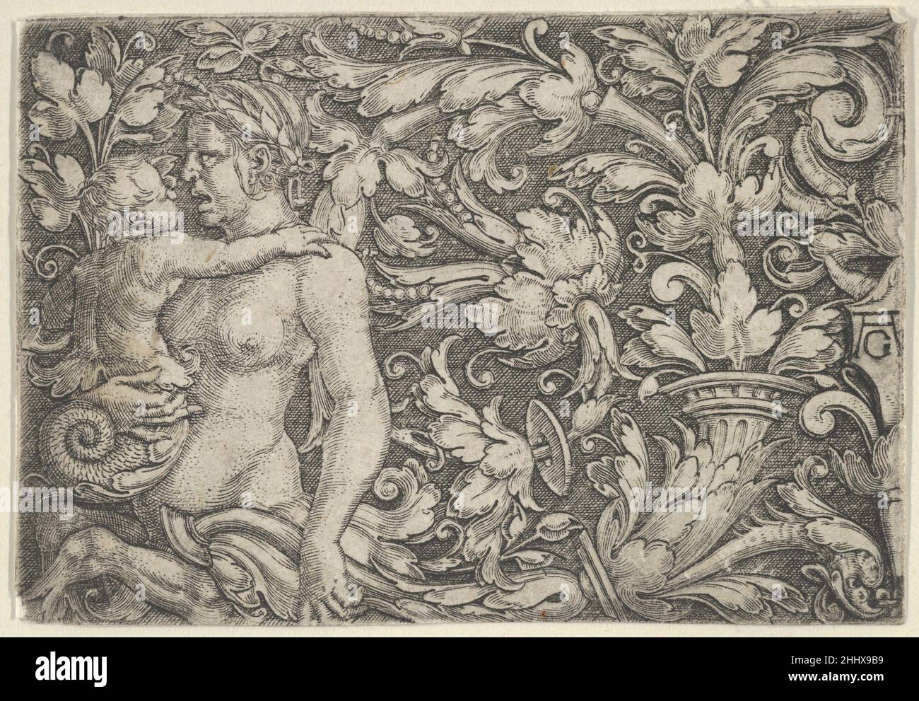Panneau horizontal avec Triton et enfant entouré de Foliage 1525–61 Heinrich Aldégraver décoration allemande avec triton femelle ou déesse de la mer et enfant à gauche.Panneau horizontal avec Triton et enfant entouré par Foliage 422509 Banque D'Images