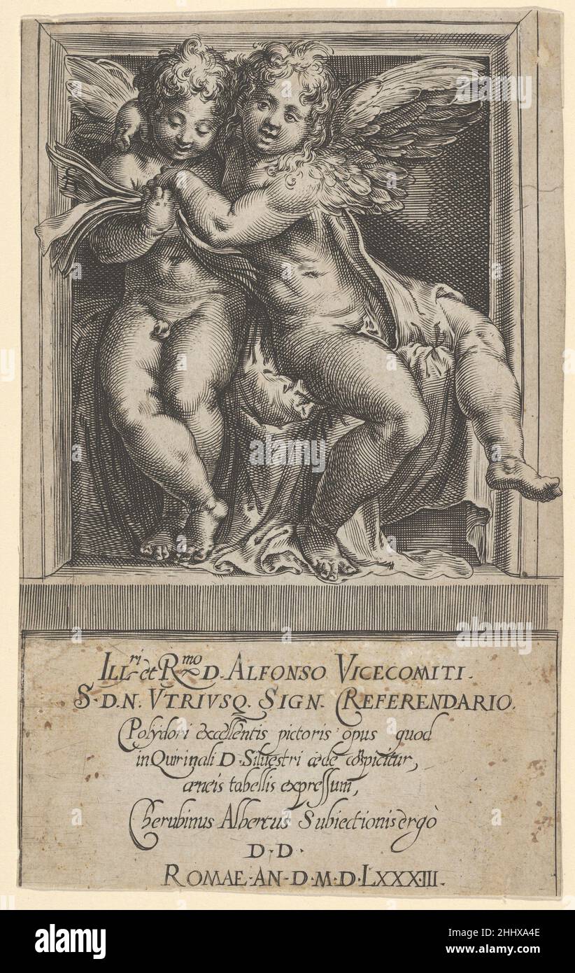 Deux anges assis, bras autour l'un de l'autre, celui à gauche regardant un livre de chant, du concert des Anges 1583 Cherubino Alberti (Zaccaria Mattia) Italien.Deux anges assis, bras autour l'un de l'autre, celui à gauche regardant un livre de chant, du concert des Anges 652001 Banque D'Images