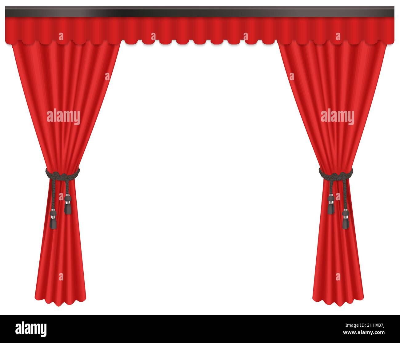 Luxe ouvert, coûteux scarlet rouge soie rideaux draperies isolées sur le fond blanc Illustration de Vecteur