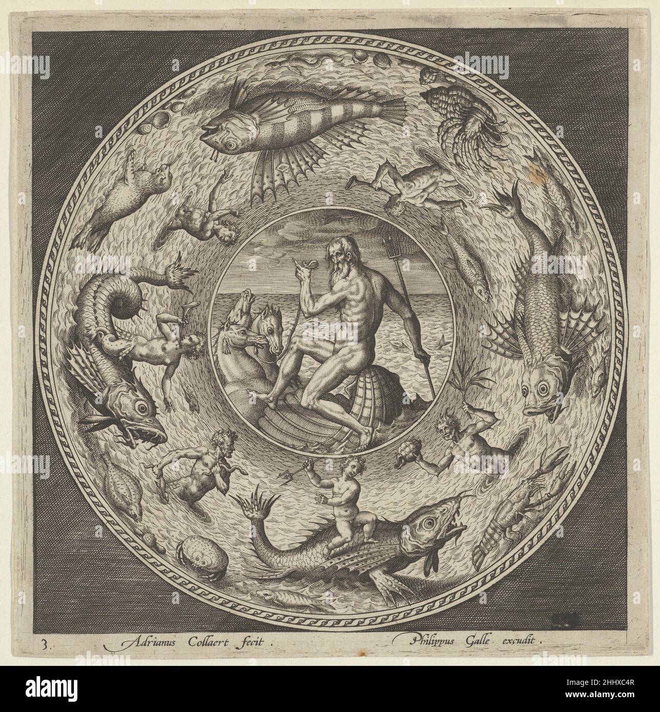 Design pour une plaque avec Neptune dans une coquille dessinée par des chevaux dans un médaillon bordé par des monstres marins ca.1600 Adriaen Collaert Netherlandish Design pour une plaque circulaire avec Neptune assis sur une coquille étant dessiné par des chevaux à gauche, dans un paysage marin.Plaque 3 d'une série de quatre plaques, chacune montrant une figure mythologique associée à la mer dans un médaillon au centre, entouré d'une large frontière avec divers monstres et créatures de mer.Design pour une plaque avec Neptune dans une coquille dessinée par des chevaux dans un médaillon bordé par des monstres marins 425882 Banque D'Images