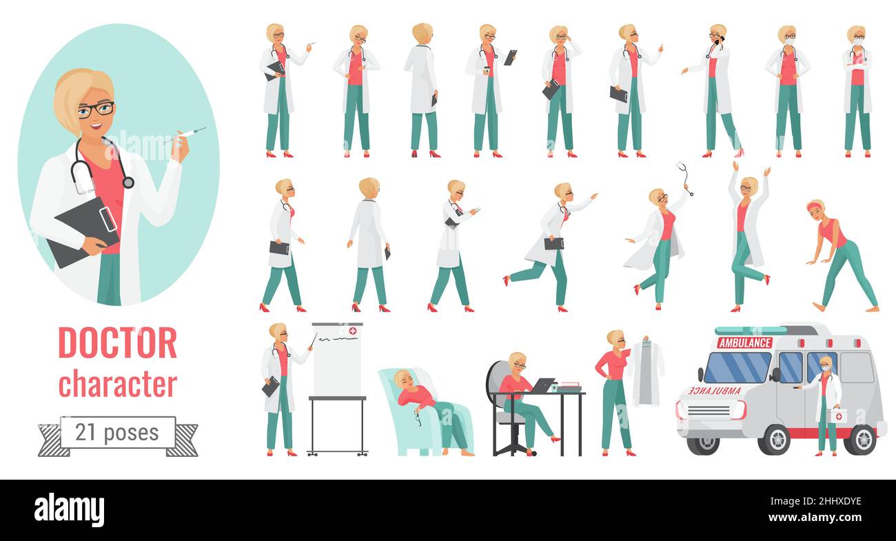 Médecin femme pose ensemble, caricature femme médecin travailleur montrant différentes postures Illustration de Vecteur