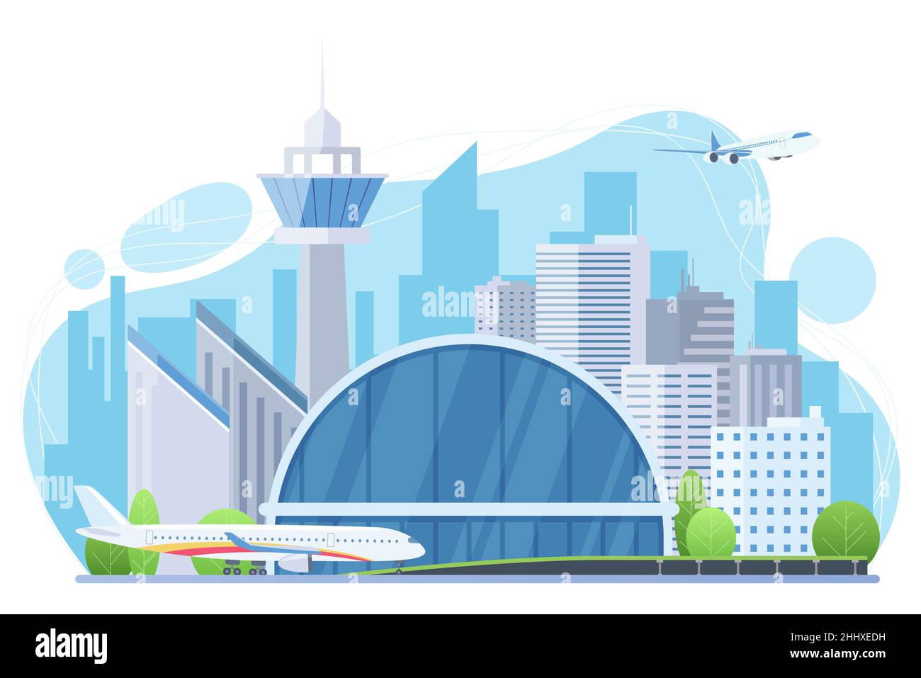 Extérieur de l'aéroport, bâtiment futuriste avec tour de contrôle de la circulation aérienne et gratte-ciel Illustration de Vecteur