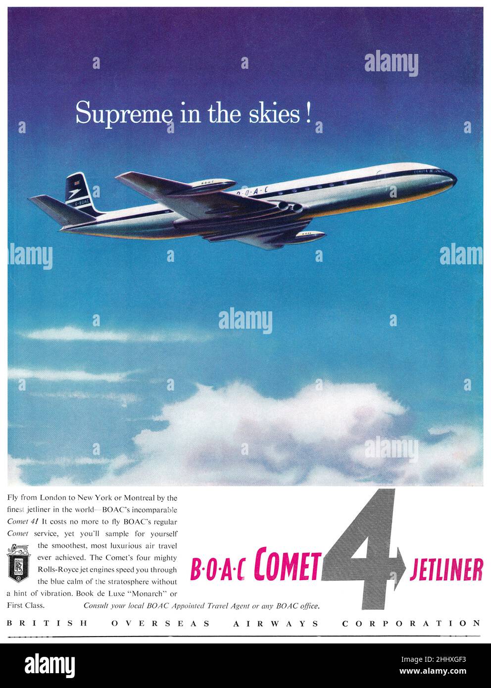 1959 Publicité britannique pour BOAC présentant la de Havilland Comet 4. Banque D'Images