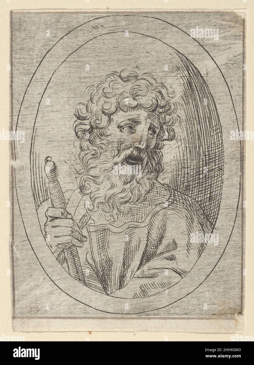 Saint Paul tenant une épée, dans un cadre ovale, de Christ, la Vierge, et treize Apôtres 1600–1640 Anonyme, 17th siècle de Christ, la Vierge et treize Apôtres, une série de quinze bustes dans des cadres ovales imprimés à partir d'une plaque, après Reni.Encre brune dessinée autour de la bordure extérieure de la feuille.Saint Paul tenant une épée, dans un cadre ovale, du Christ, de la Vierge et de treize Apôtres 396977 Banque D'Images