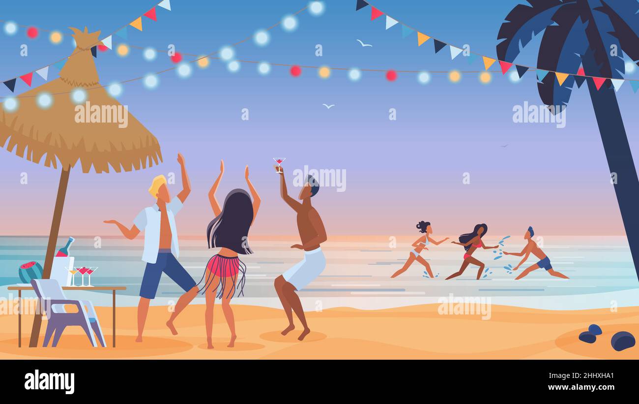 Jeunes amis dansant sur la plage au coucher du soleil, soirée plage fête, amusement dans l'eau de l'océan Illustration de Vecteur
