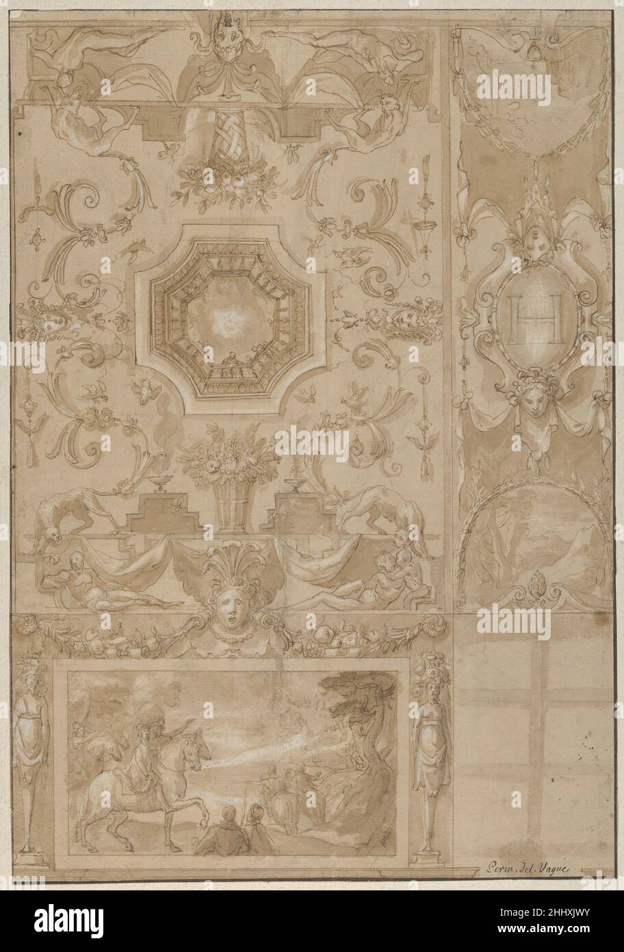 Design pour un mur et un plafond décorés d'une Galerie, marqués du monogramme du roi Henri III ou IV ca.1580–1600 Toussaint Dubreuil French Design pour la décoration d'un mur et d'un plafond, très probablement avec une voûte en fût.Au bas de la feuille (partie de), une élévation de paroi est représentée par un grand compartiment rectangulaire dans lequel une scène de paysage est représentée.Les décorations le long du cadre du compartiment étaient plus susceptibles d'être exécutées en stuc.À droite, les indications superficielles d'une baie de fenêtre sont peintes en lavage.Au-dessus de l'élévation du mur, le plafond est div Banque D'Images