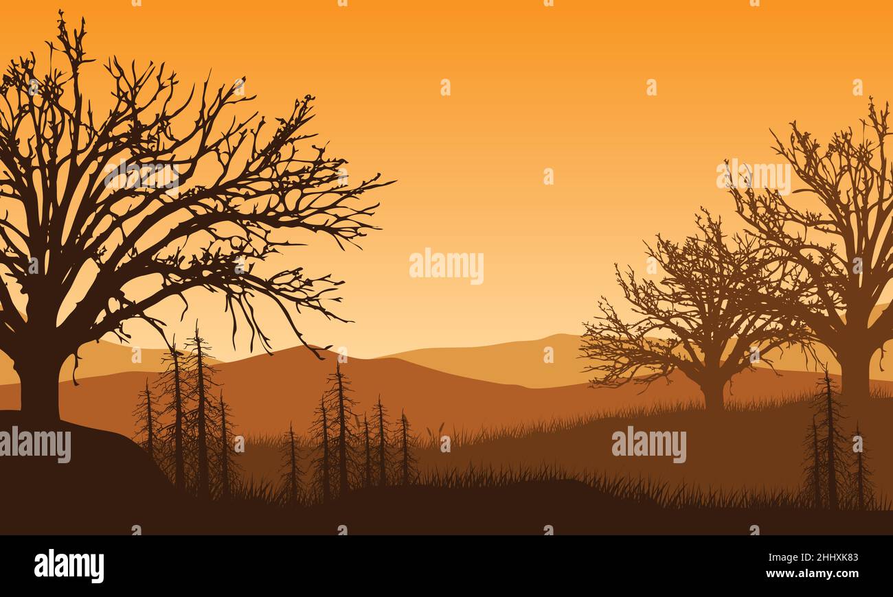 Magnifique vue sur la montagne avec des pins ombragés au crépuscule. Illustration vectorielle d'une ville Illustration de Vecteur