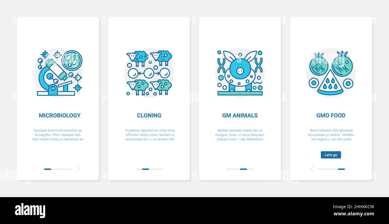 Illustration du vecteur de recherche en sciences du génome en microbiologie.UX, UI Onboarding mobile app page Screen Set avec le symbole de génie génétique scientifique de ligne Illustration de Vecteur