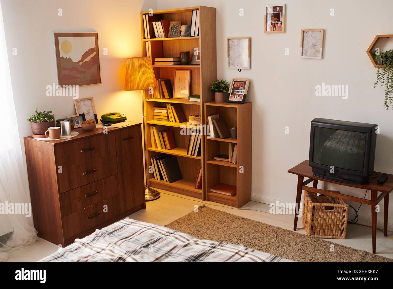Partie de séjour ou chambre avec tv, étagères en bois avec livres, commode et tableaux dans un appartement moderne Banque D'Images