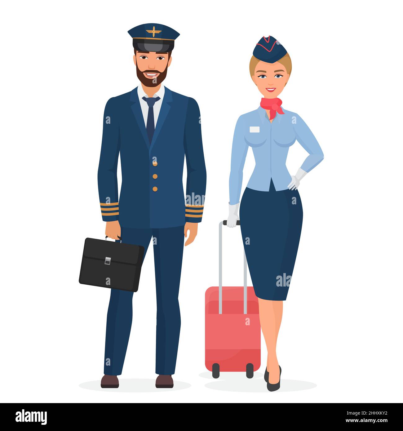 Pilote et hôtesse dans une illustration à vecteur plat isolée uniforme Illustration de Vecteur