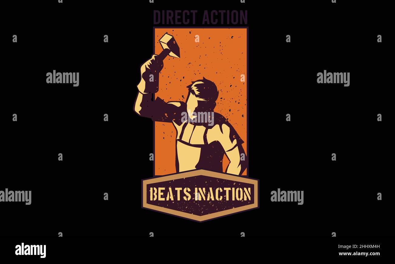 l'action directe bat l'inaction homme tenant marteau travaux de conception travailleurs monogramme texte modèle vectoriel Illustration de Vecteur