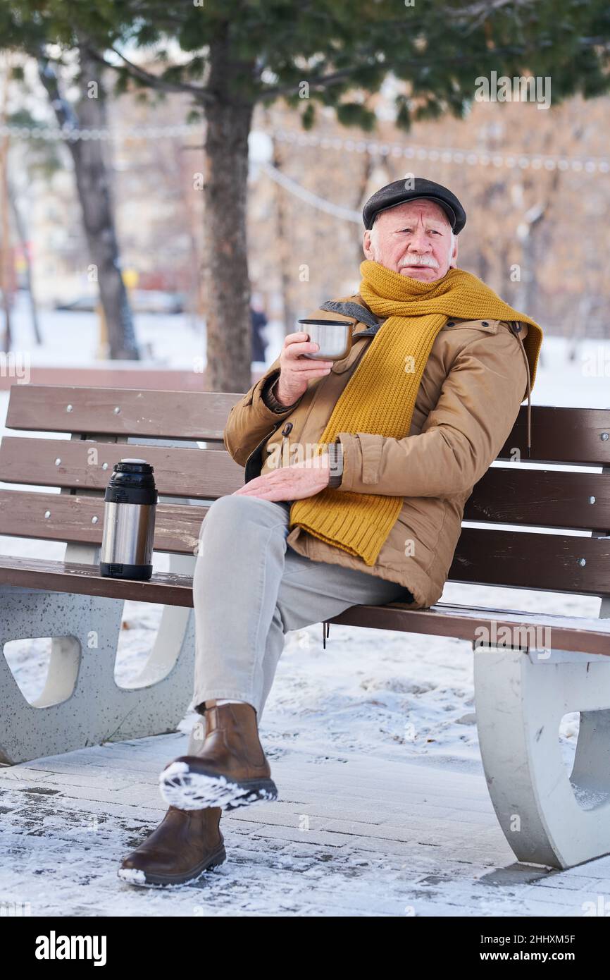 Homme âgé en manteau chaud, écharpe et casquette ayant le thé chaud des  thermos tout en étant assis sur le banc dans le parc le jour d'hiver Photo  Stock - Alamy