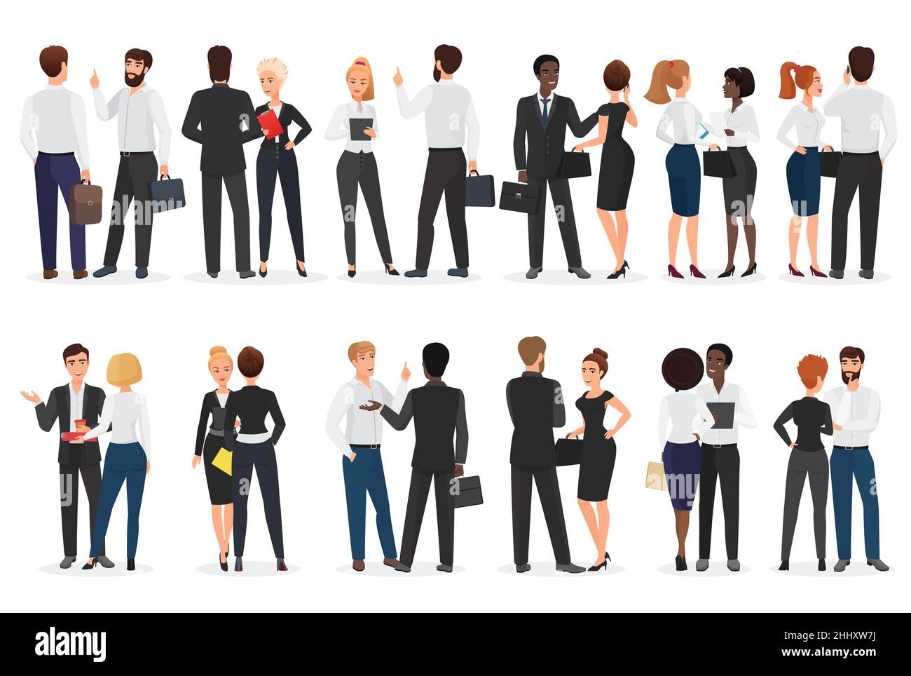 Conversation avec des professionnels.Homme et femme debout ensemble et parlant, discutant, négociant Illustration de Vecteur
