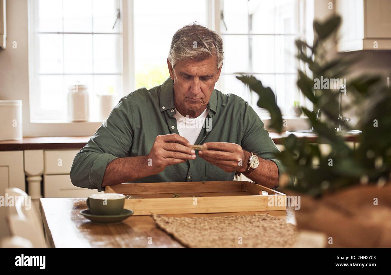 Presque prêt à fumer.Plan court d'un homme sénior détendu se préparant à rouler un joint de marijuana pour fumer dans la cuisine à la maison pendant la journée. Banque D'Images