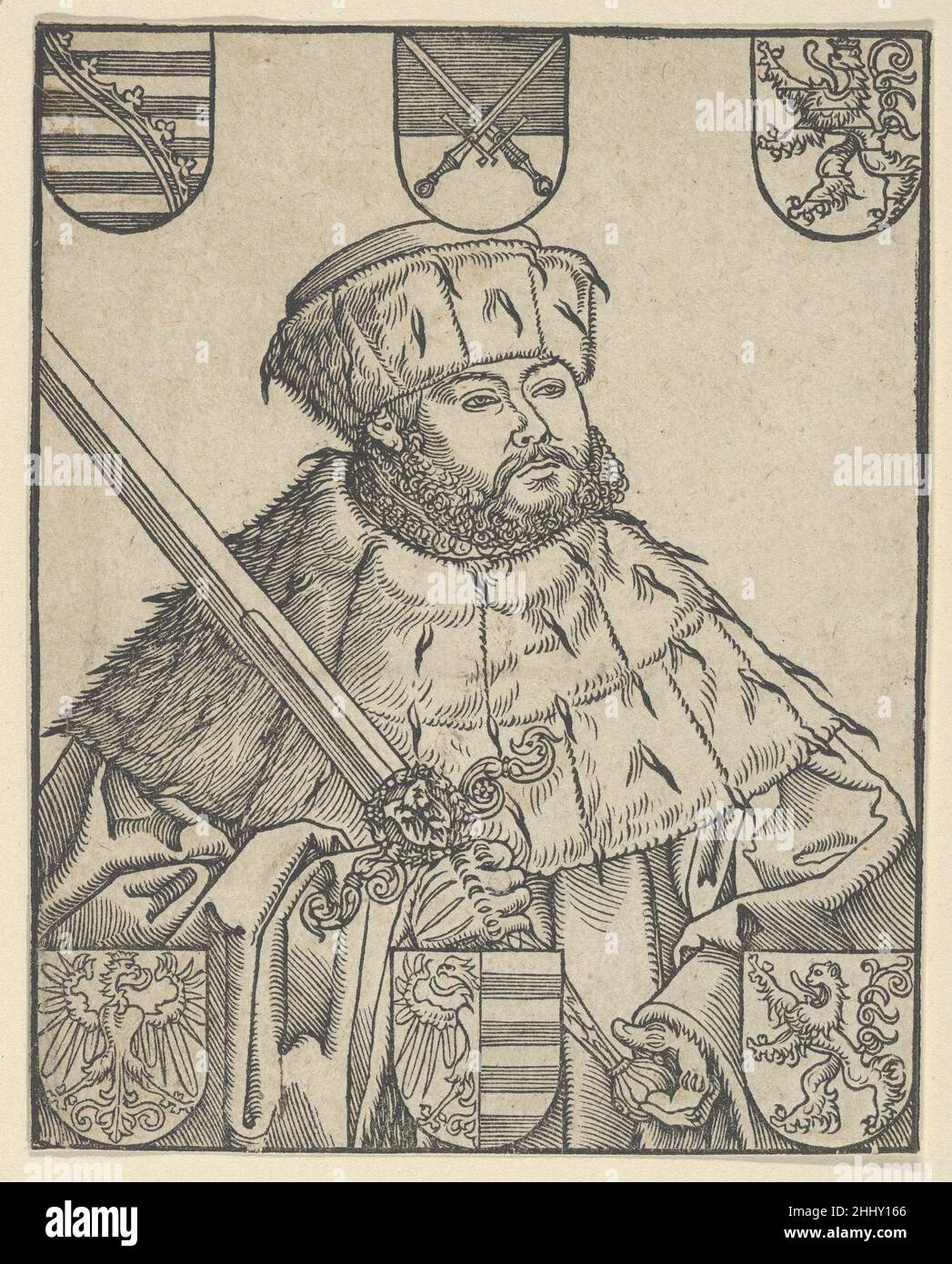 Copie de John Frederic le magnanime, en robes électorales Lucas Cranach le plus jeune et atelier allemand dans la même direction avec six manteaux d'armes ajoutés et sans inscription soufflet.(Hollstein).Copie de John Frederic le magnanime, dans les robes électorales 625962 Banque D'Images