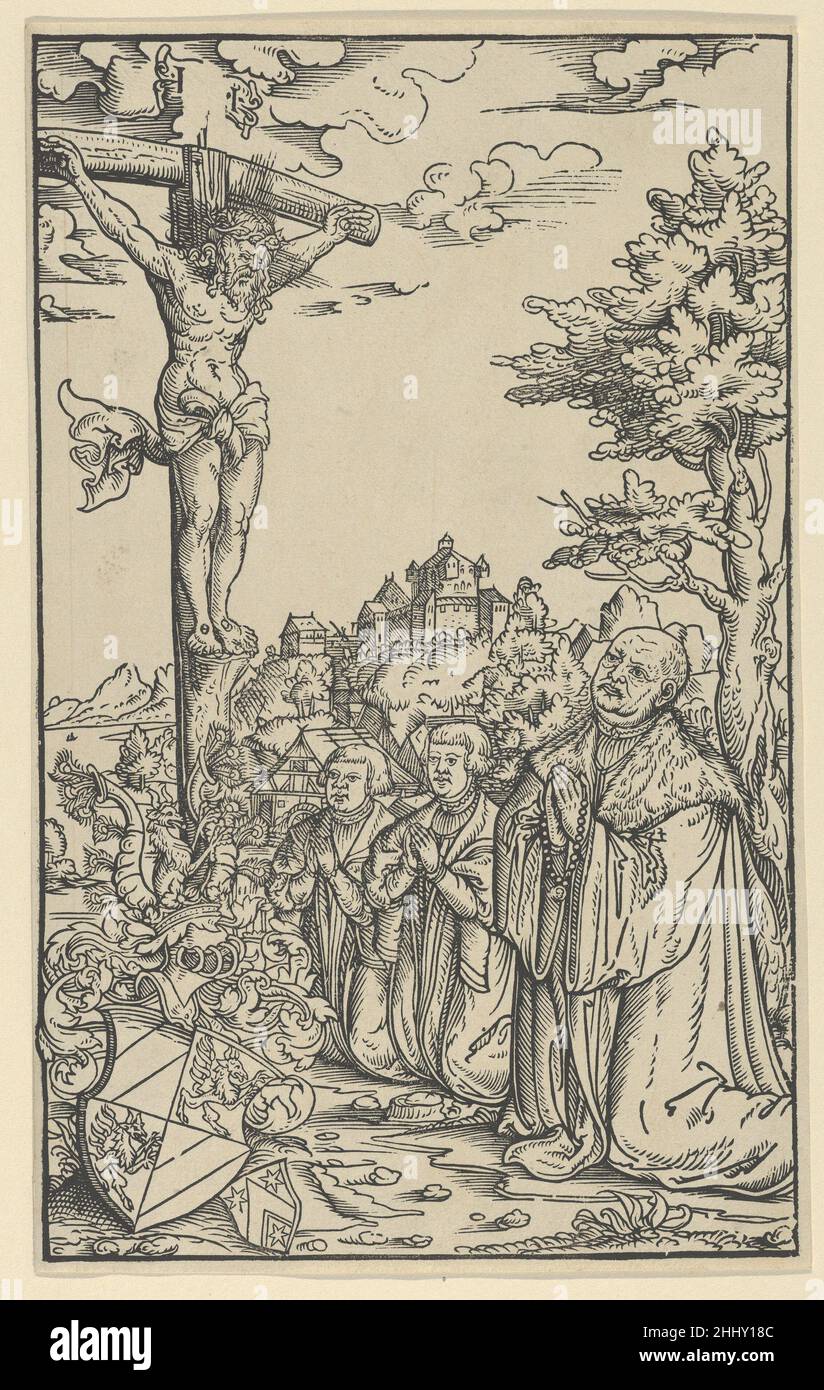 Livre-assiette de Christoph Scheurl 16th siècle Lucas Cranach le plus jeune et atelier Allemand Cristoph Scheurl et ses fils s'agenouillent devant un Crucifix.Le manteau de Scheurl des bras est soufflet à gauche.(Hollstein).Livre-plaque de Christoph Scheurl 625754 Banque D'Images
