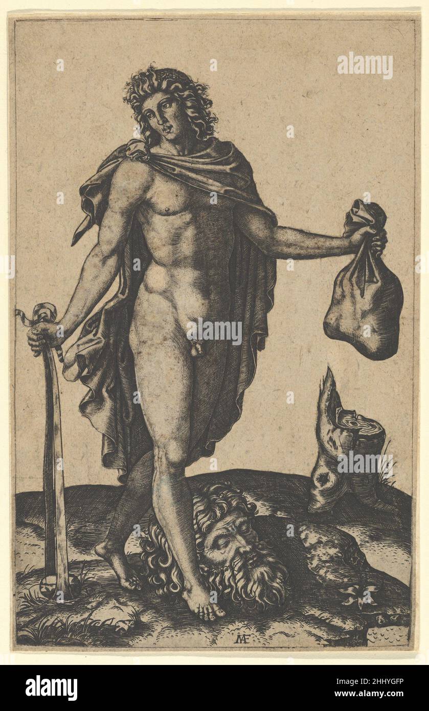 David debout, épée dans la main droite abaissée, sac à gauche, la tête de Goliath sur le sol en dessous de lui ca.1506 Marcantonio Raimondi Italien.David debout, épée dans la main droite abaissée, sac à gauche, la tête de Goliath sur le sol sous lui 342526 Banque D'Images