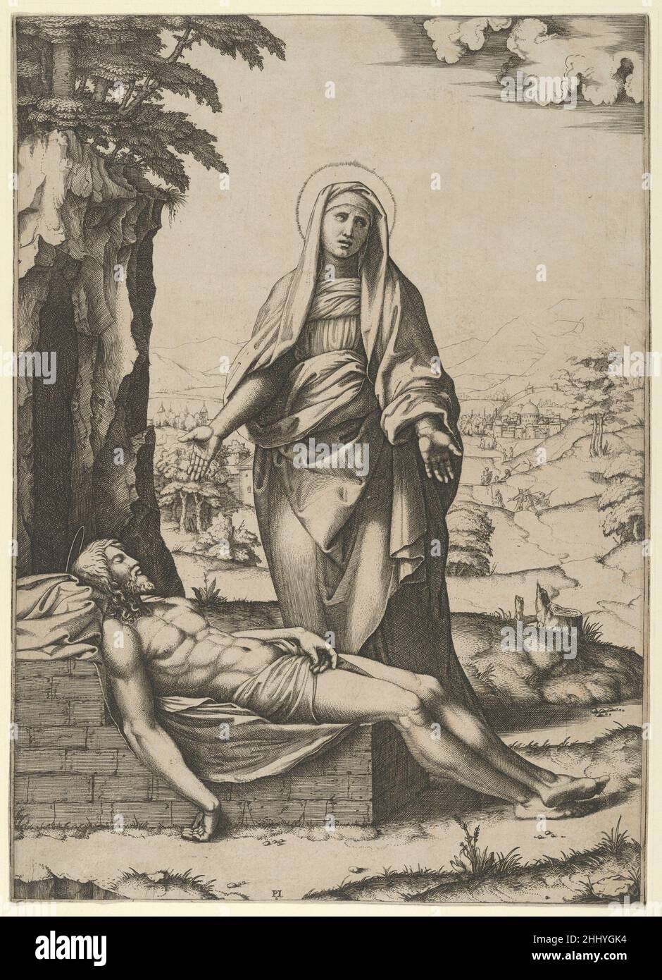 La Pietà: La Vierge se tenant sur le Christ mort, ses mains se répandent ca.1515–17 Marcantonio Raimondi Italien.La Pietà : la Vierge se tenant au-dessus du Christ mort, ses mains se sont répandues 342796 Banque D'Images