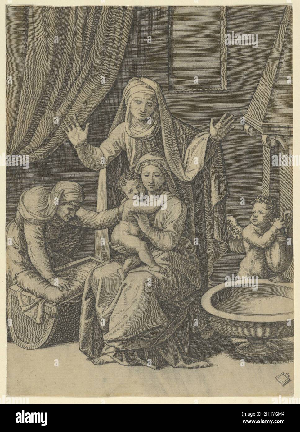 La Vierge tenant le Christ enfant, Sainte Anne debout au-dessus avec les bras étirés, Sainte Elizabeth à la gauche ca.1520 Marcantonio Raimondi Italien.La Vierge tenant l'enfant Christ, Sainte Anne debout au-dessus avec les bras étirés, Sainte-Élisabeth à gauche 342534 Banque D'Images