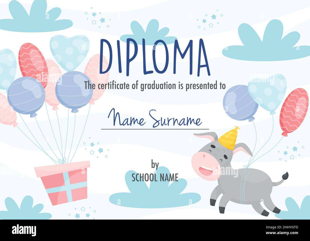 Modèle de concept de certificat de diplôme, avec joli personnage de dessin animé âne avec ballons. Illustration de Vecteur