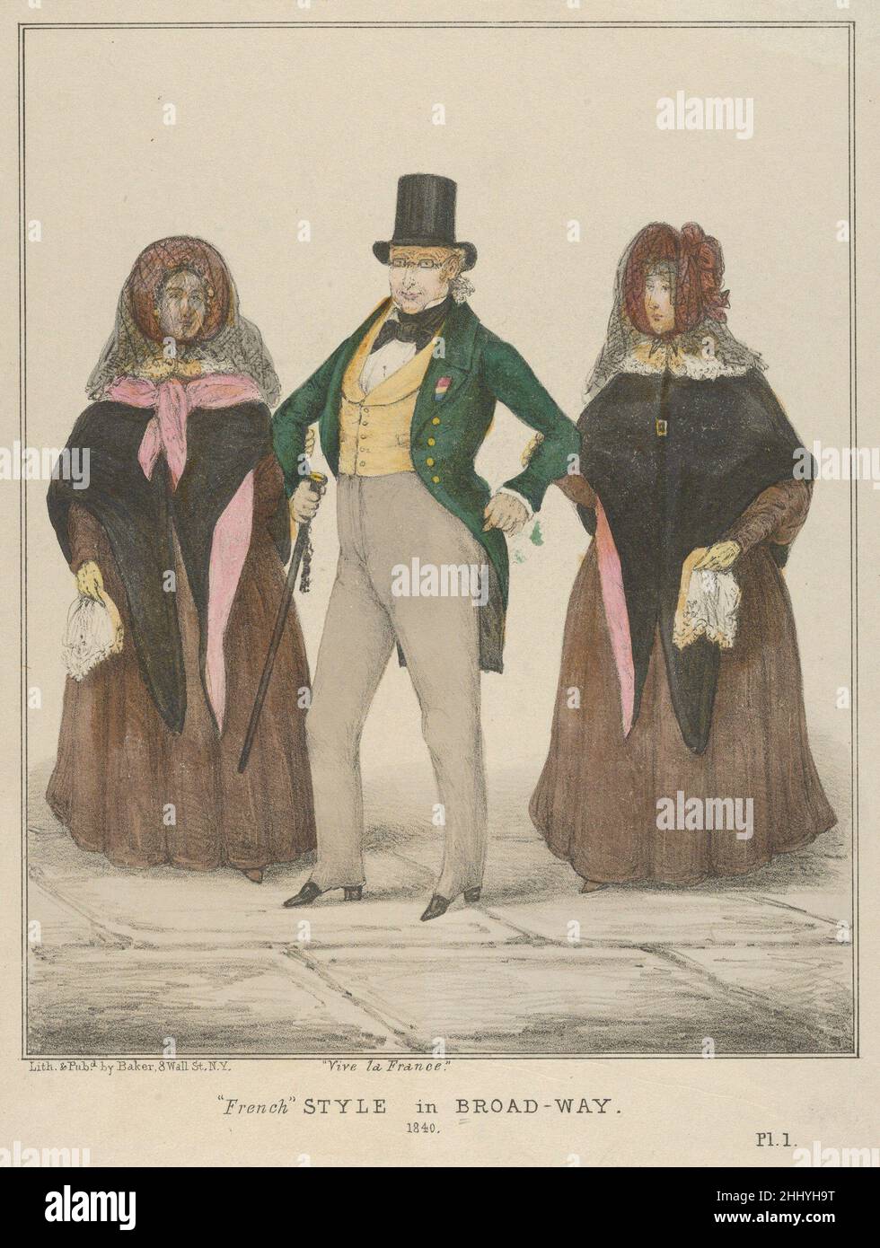 Vive la France, style français à Broadway 1840 Alfred E. Baker American  cette image d'un homme de la paper portant un chapeau de haut et un  manteau, avec un ruban sur son