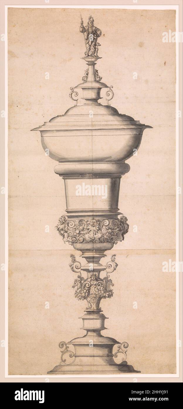 Conception pour un grand gobelet CA.1570–80 attribué à Jost Amman Swiss la partie sud de l’Allemagne moderne était un centre important pour l’œuvre de l’or et de l’argentique au cours des XVIe et XVIIe siècles.Aujourd'hui, seul un fragment des nombreux magnifiques navires, assiettes, cercueils et pièces de construction sculpturales, créés pour de nombreux princes, responsables gouvernementaux et riches marchands, survit.Même plus rares sont les dessins liés à cette industrie.Le design actuel d'une grande tasse sur pied a été conservé à la suite de son stockage précoce dans un album.La figure mâle sur son couvercle suggère que la tasse Banque D'Images