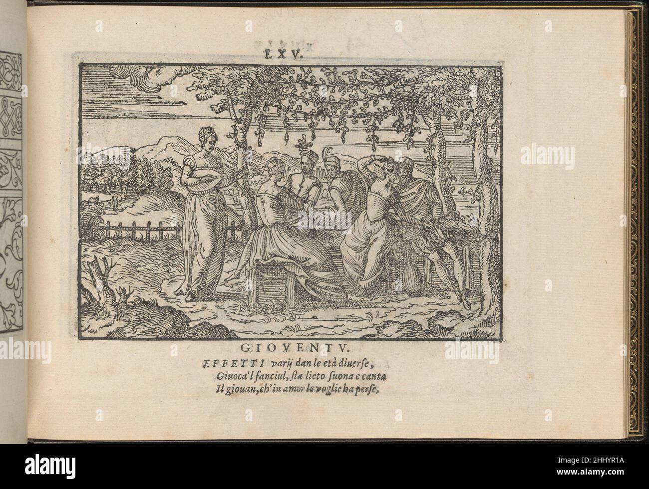 La Vera Perfettione del Disegno di varie sorti di recami, page 23 (recto) 1567 Giovanni Ostaus Italien publié par Giovanni Ostaus, Venise, coupe de bois de Lucrezia conçue par Giuseppe Salviati (Giuseppe Porta, appelé il Salviati), Italien, Castelnuova di Garfagnana ca.1520-1575 Venise.de haut en bas, et de gauche à droite:Design dépeint une série de figures assis en interaction les unes avec les autres.À gauche, une femme debout joue une lyre (ou un autre instrument à cordes).Toute la scène a lieu dans un paysage pastoral.La Vera Perfettione del Disegno di varie sorti di recami, page 23 (recto) 6 Banque D'Images