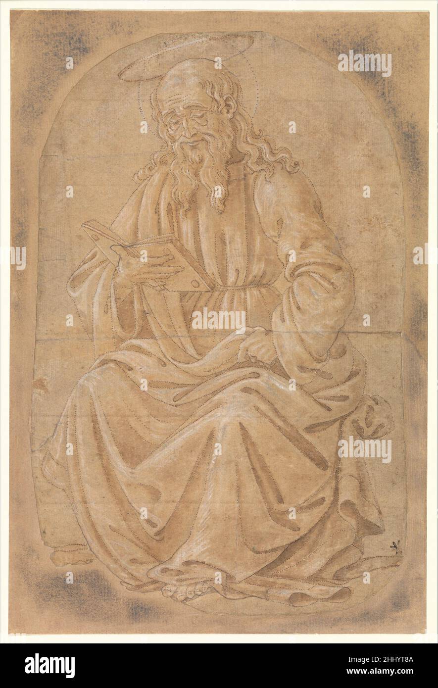 Une Saint liseuse assise d'un livre fin 15th siècle attribué à Francesco Botticini (Francesco di Giovanni) les contours de la figure de ce Saint majestueux assis ont été finement perchés avec des trous,qui aurait été dépoussiéré avec du charbon de bois afin de transférer la conception à une autre surface ci-dessous - un processus connu sous le nom de pagleurs.Les trous méticuleux et étroitement espacés suggèrent que la feuille a servi de dessin animé (conception pleine échelle) pour une broderie.L'échelle, la pose et le type de figural rappellent la série de saints assis trouvés dans les bandes brodées des couvertures d'autel du XVe siècle.Flor Banque D'Images