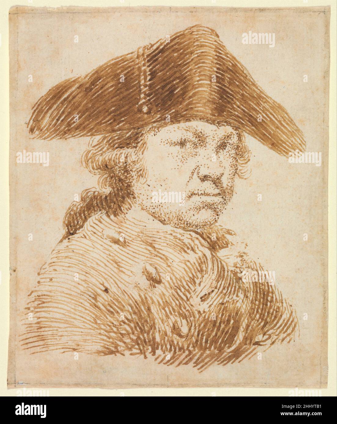 Autoportrait dans un chapeau coked ca.1790 Goya (Francisco de Goya y Lucientes) Espagnol ce portrait vigoureux, à l’encre brune, est probablement l’une des autoétudes les plus fidèles de Goya.L'artiste était probablement d'âge moyen lorsqu'il a fait le dessin, mais son apparence tailleuse, avec chapeau tricorne, déchaîne ses années.Il montre Goya avant une maladie grave de 1793 qui compromettrait sa vitalité.Dessiné avec un stylo émoussé en marques distinctes, le autoportrait a été utilisé pour graver la frontispice pour la troisième édition de la série de lithographies de Goya illustrant les combats de taureaux, la Tauromaquia Banque D'Images