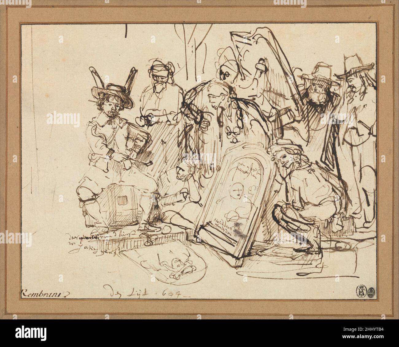Satire on Art critic 1644 Rembrandt (Rembrandt van Rijn) Dutch un sujet atypique et une approche de la composition, le « Satier on Art critic » de Rembrandt étonne la rhétorique de ses critiques d'art contemporain.Le postateur 'connaisseur' à gauche commente les portraits peints portés devant lui.Rembrandt a tiré sa composition d'un sujet classique, 'la calomnie des Apelles', qu'il connaissait d'un dessin du maître de la Renaissance Andrea Mantegna (1430/31-1506).Dans le dessin de Mantegna le beau calomny, encouragé par la trahison et la tromperie, tire une jeunesse innocente qui est la victime de la diffamation Banque D'Images Satire on Art critic 1644 Rembrandt (Rembrandt van Rijn) Dutch un sujet atypique et une approche de la composition, le « Satier on Art critic » de Rembrandt étonne la rhétorique de ses critiques d'art contemporain.Le postateur 'connaisseur' à gauche commente les portraits peints portés devant lui.Rembrandt a tiré sa composition d'un sujet classique, 'la calomnie des Apelles', qu'il connaissait d'un dessin du maître de la Renaissance Andrea Mantegna (1430/31-1506).Dans le dessin de Mantegna le beau calomny, encouragé par la trahison et la tromperie, tire une jeunesse innocente qui est la victime de la diffamation Banque D'Images