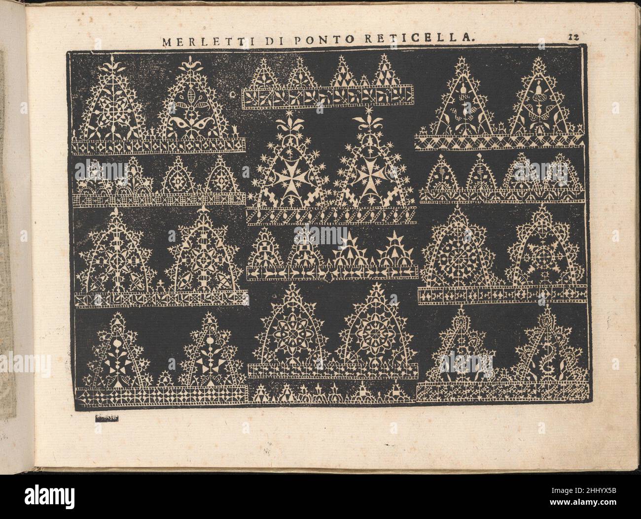 Fiore d'Ogni Virtu per le Nobili et Honeste Matrone, page 12 (recto) 1610 Isabella Catanea Parasole Italian Designed by Isabella Catanea Parasole, Italian, ca.1575 environ1625, publié par Antonio Fachetti, Rome.de haut en bas, et de gauche à droite:Design est décoré avec une série de motifs triangulaires et semi-elliptiques.Chaque motif contient un motif floral central et repose sur une base ornementée.Fiore d'Ogni Virtu per le Nobili et Honeste Matrone, page 12 (recto) 661646 Banque D'Images