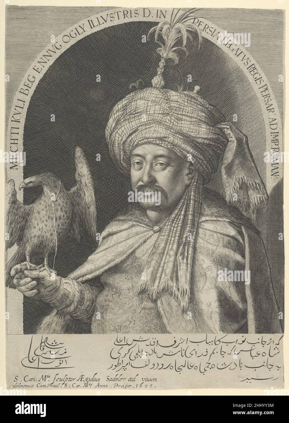 Mechti Kuli Beg, ambassadeur perse à Prague 1605 Aegidius Sadeler II Netherlandish à l'automne 1603, peu après qu'une ambassade de Rudolf II ait demandé son soutien dans sa lutte contre les Ottomans en Hongrie, Shah Abbas de Perse a lancé une attaque contre les frontières orientales de l'Empire ottoman.Afin de maintenir des relations diplomatiques étroites avec le Saint-empereur romain pendant cette longue campagne, le shah a envoyé à Prague un ambassadeur, qui a posé, tenant son animal de compagnie falcon, pour ce portrait du graveur de Rudolf.Sadeler doit avoir été intrigué par le script persan, bien qu'il ait eu quelques di Banque D'Images
