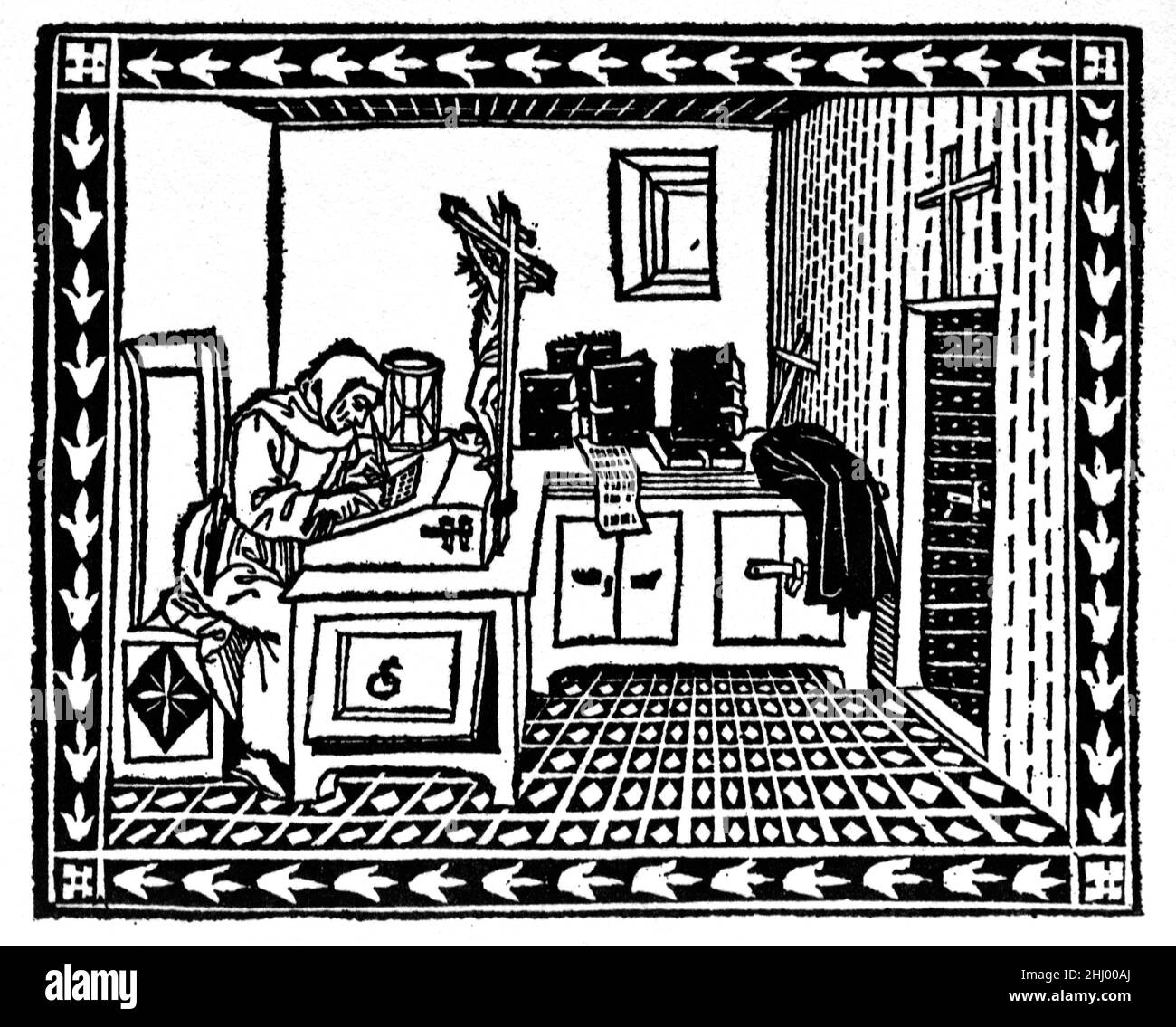 Chercheur italien Girolamo Savonarola (1452-1498) alias Jerome Savonarola, travaillant dans la cellule de Monk ou l'étude Florence Italie.Savonarola était un Friar dominicain italien de la Renaissance de Florence qui croyait dans une vie vertueuse avec vice, luxe ou ostentation. c15th Woodcut Print, Engraving ou Illustration. Banque D'Images