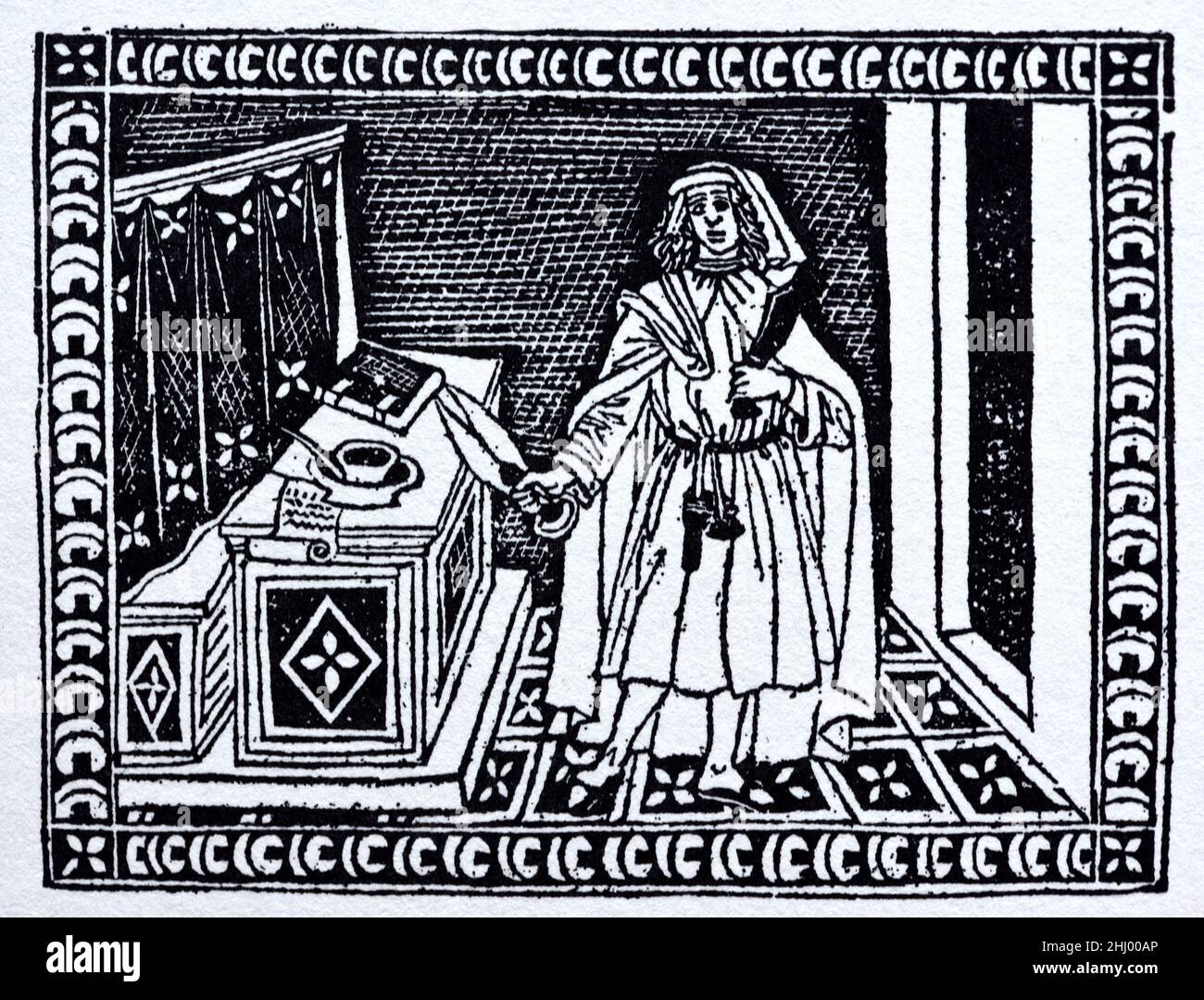 Laine Trader découpage de tissus dans Shop Florence Italie. c15th Woodcut Print, Engraving or Illustration. Banque D'Images