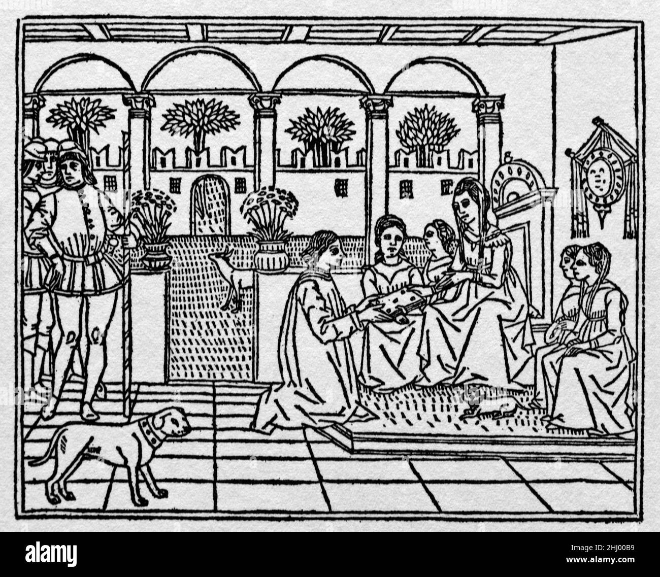 Masuccio Salernitano, poète et écrivain italien (1410-1475) alias Tommaso Guardati, présentant sa collection il Novellino de cinquante histoires courtes à un patron d'art aristocratique dans un cadre de style palais Renaissance Italie. c15th Woodcut Print, Engraving ou Illustration. Banque D'Images