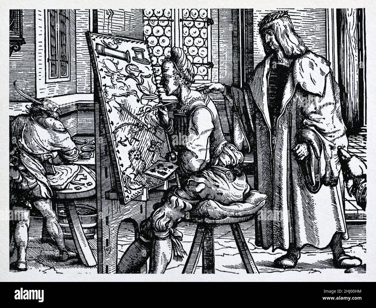 Coupe de bois 1514-1516 de Maximilien I (1459-1519), empereur romain, dans le Studio de Hans Burgkmaire l'ancien (1473-1531), artiste-peintre allemand et producteur de bois.L'image est apparue dans le roman chilvalrique incomplet Der Weisskunig ou The White Knight (1514-1516).Impression, gravure ou illustration de bois vintage c Bd. Banque D'Images