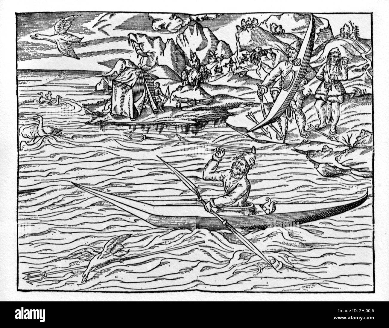 Eskimos ou canots à pagaie inuit au large de l'île de Baffin dans l'Arctique canadien. c16th Vintage Woodcut Print, Engraving or Illustration Banque D'Images