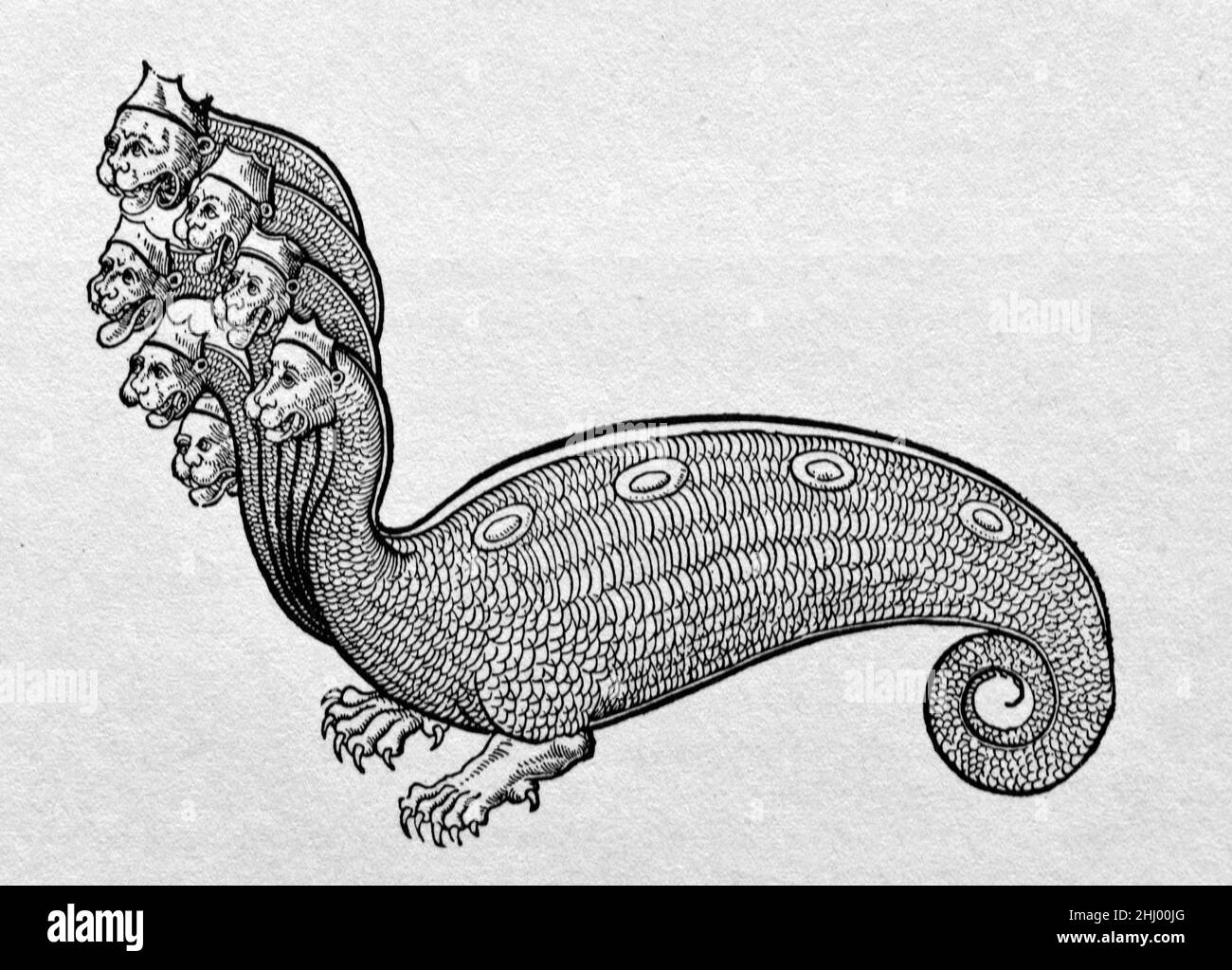 Bête à plusieurs têtes, Bête à sept têtes ou Hydra mythique d'Historia Animalium par Gesner Conrad publié 1551-1558.Imprimé, gravure ou illustration de bois d'époque Banque D'Images