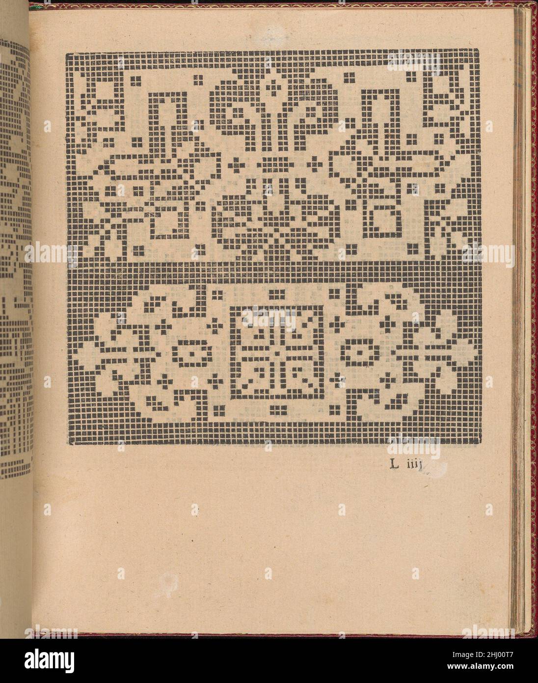 Les singuliers et nouveaux Portraicts... page 43 (recto) 1588 Federico de Vinciolo Italian Designed by Federic de Vinciolo, édité par Jean le Clerc, Paris, relié par Chambolle-Duru, français, 19th Century.de haut en bas, et de gauche à droite:le design est imprimé sur une grille et décoré de 2 motifs floraux horizontaux.Les singuliers et nouveaux Portraitts... page 43 (recto) 358422 Banque D'Images