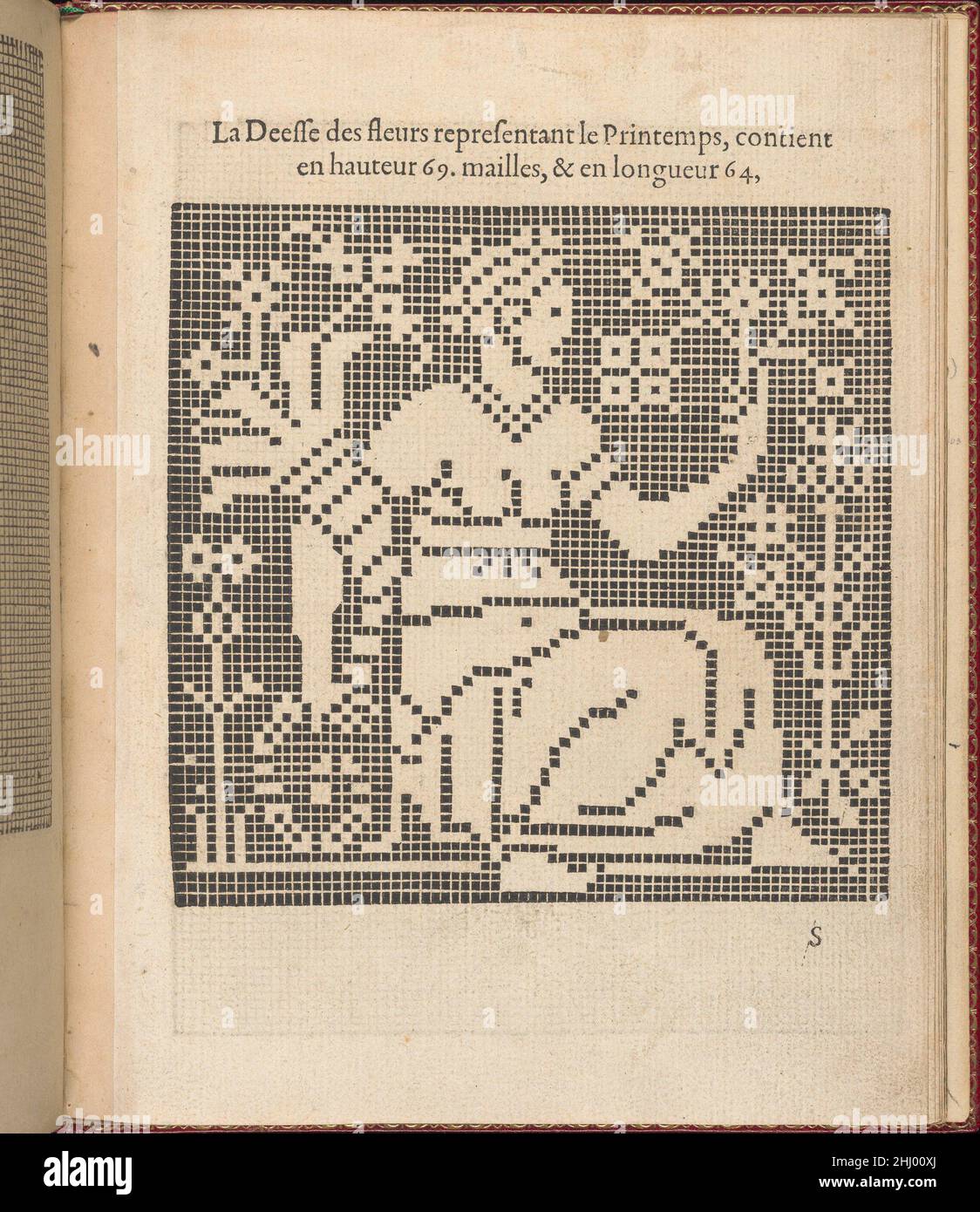 Les singuliers et nouveaux Portraicts... page 69 (recto) 1588 Federico de Vinciolo Italian Designed by Federic de Vinciolo, Published by Jean le Clerc, Paris, Bound by Chambolle-Duru, French, 19th Century.from top to both,Et de gauche à droite : le dessin est imprimé sur une grille et illustre la déesse des fleurs qui est assise tenant une cornucopia avec sa main droite et un bouquet de fleurs avec sa main gauche.Les singuliers et nouveaux Portraitts... page 69 (recto) 358422 Banque D'Images