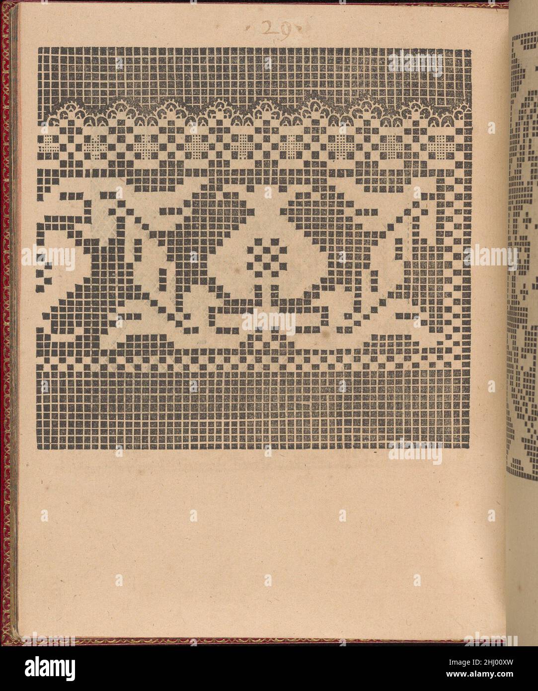 Les singuliers et nouveaux Portraicts... page 55 (verso) 1588 Federico de Vinciolo Italian Designed by Federic de Vinciolo, Published by Jean le Clerc, Paris, Bound by Chambolle-Duru, French, 19th Century.from top to bottom,Et de gauche à droite : le design est imprimé sur une grille et est décoré au centre d'une frise ornée de vignes courbes de feuilles et de fleurs.Autour de la frise se trouve une bordure décorée d'un motif de damier.Les singuliers et nouveaux Portraicts... page 55 (verso) 358422 Banque D'Images