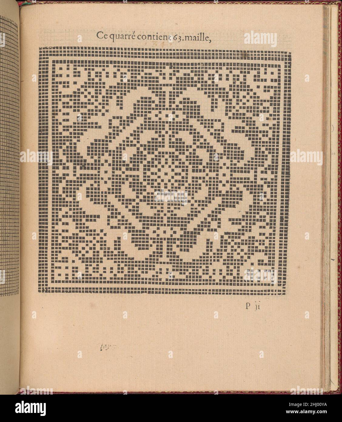 Les singuliers et nouveaux Portraicts... page 58 (recto) 1588 Federico de Vinciolo Italian Designed by Federic de Vinciolo, Published by Jean le Clerc, Paris, Bound by Chambolle-Duru, French, 19th Century.from top to both,Et de gauche à droite : le design est imprimé sur une grille et est décoré au centre d'une fleur blanche de 4 pétales qui se caractérise par un centre circulaire.Les singuliers et nouveaux Portraitts... page 58 (recto) 358422 Banque D'Images