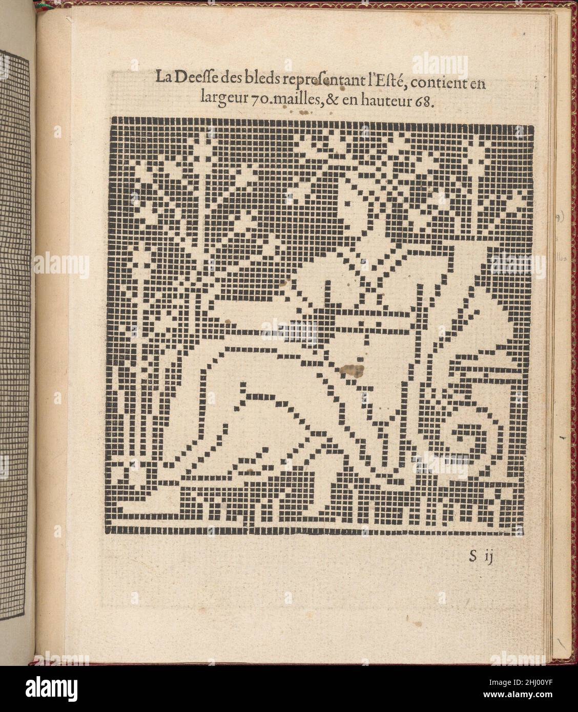 Les singuliers et nouveaux Portraicts... page 70 (recto) 1588 Federico de Vinciolo Italian Designed by Federic de Vinciolo, Published by Jean le Clerc, Paris, Bound by Chambolle-Duru, French, 19th Century.from top to both,Et de gauche à droite : le dessin est imprimé sur une grille et illustre la déesse du maïs qui est assis, et tient une tige de maïs dans sa main droite et une cornucopia de maïs dans sa gauche.Les singuliers et nouveaux Portraitts... page 70 (recto) 358422 Banque D'Images