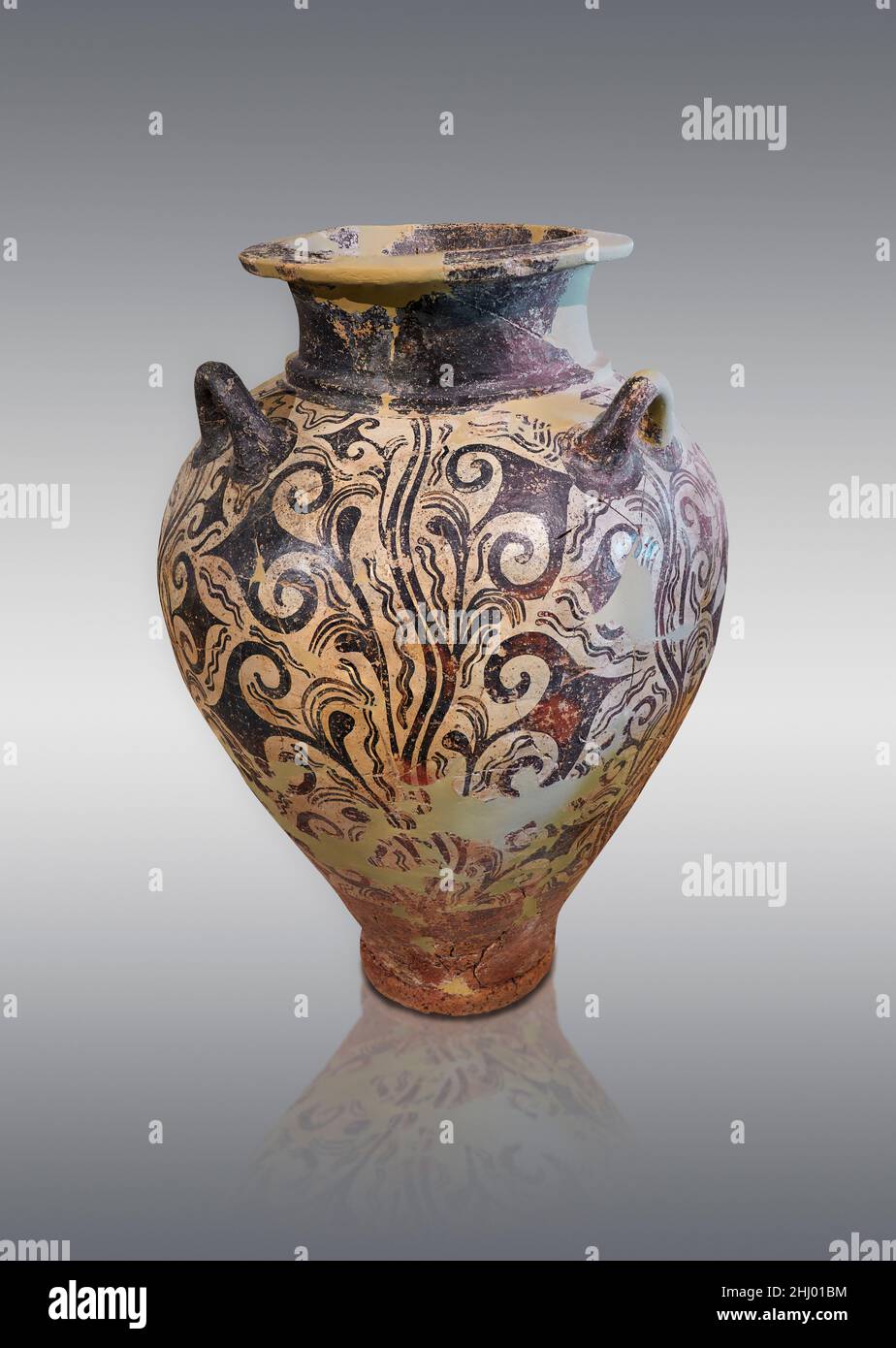 Poterie de style palais mycénéen - Pot de Piriforme avec décoration florale stylisée, peut-être papyrus, avec des ondulations d'eau.Tombeau de Kazarma tholos, 1500-1450 av. J.-C.. Banque D'Images