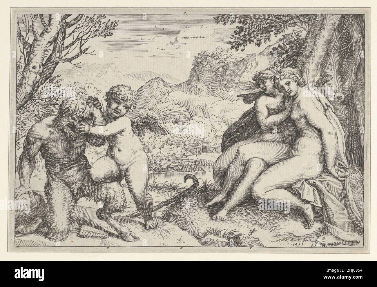 Omnia Vincit Amor 1599 Agostino Carracci Italian cette image est un pun dérivé d'une célèbre ligne dans le dixième Eclogue de Virgile, 'l'amour conquiert tous.'Le mot latin omnia, comme le mot grec PAN, signifie 'All', tandis qu'amor, le nom latin de Cupid, signifie 'Love', de sorte que le combat victorieux de Cupid avec le dieu des bois est une traduction visuelle de l'expression.La gravure a été produite autour du temps qu'Agostino a aidé son frère Annibale dans la décoration de la Galerie Farnese, un cycle de fresque qui a aussi comme thème la puissance de l'amour dans l'univers.Comme clé de ce sens, Annibale h Banque D'Images