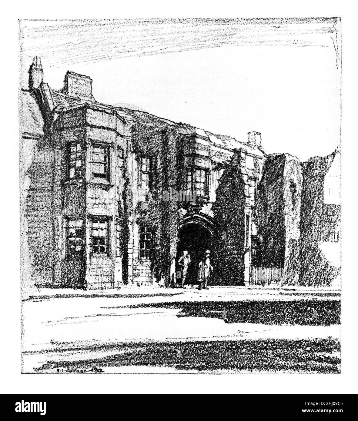 Illustration noir et blanc ; The Angel Inn, Grantham, Lincolnshire, début du 20th siècle.Dessin au crayon par Frederick Landseer Maur Griggs Banque D'Images